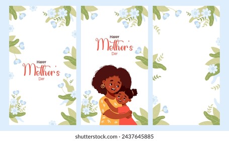 Mother's Day banners. Happy ethnic black woman tenderly hugs daughter on white background with blue flowers and leaves. Vertical isolated festive posters. Vector illustration in flat cartoon style