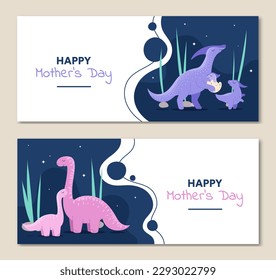 Mothers day banners set. Blue and pink dinosaurs with egg. Animals BC, family of brontosaurus. Baby and parent. Landing page design. Cartoon flat vector illustrations isolated on beige background