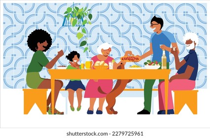 Mother's Day Barbecue Vector.  Grandparents, parents and children gathered around the table for a special Sunday lunch. Family celebration. 