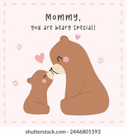 Mothers Day Bear Mom and Baby Cub kissing nose to nose Heartwarming Greeting Card Illustration.