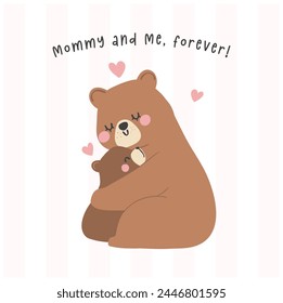 Mothers Day Bear Mom and Baby Cub hugging Heartwarming Greeting Card Illustration.