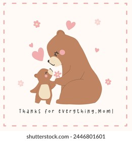 Mothers Day Bear Mom and Baby Cub Heartwarming Greeting Card Illustration.