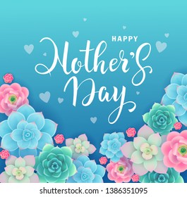 Mother's Day beautiful banner design concept with blue background and colorful succulent flowers in blue, pink and green colors. - Vector illustration 