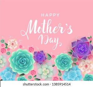 Mother's Day beautiful floral banner design with colorful succulents and handwritten lettering on light pink background. Greeting card. - Vector