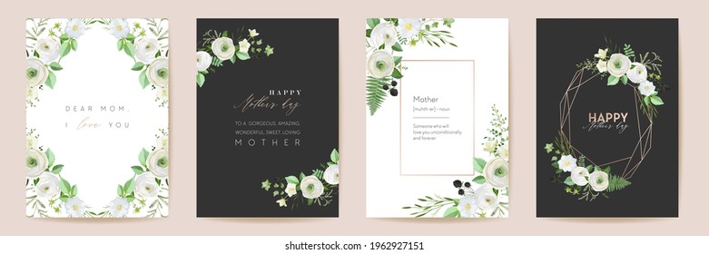 Mothers day beautiful floral cards. Watercolor flowers frame vector set. Spring flower design for Mother party, woman gold template. Modern poster, Mom banner postcard, Elegant nature invite