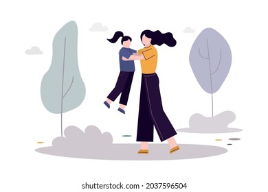 Mothers day. Beautiful mom spends time with daughter. Cartoon family activities concept. Happiness mommy with preschool kid playing. Funny people on recreation and vacation. Flat vector illustration