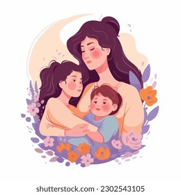 Mother's day. Beautiful woman holds a baby in her arms, mom hugs her children. Set of flat vector icon illustration design banner or templates