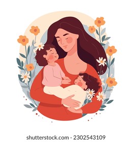 Mother's day. Beautiful woman holds a baby in her arms, mom hugs her children. Set of flat vector icon illustration design banner or templates