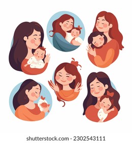 Mother's day. Beautiful woman holds a baby in her arms, mom hugs her children. Set of flat vector icon illustration design banner or templates