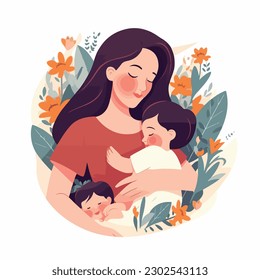 Mother's day. Beautiful woman holds a baby in her arms, mom hugs her children. Set of flat vector icon illustration design banner or templates