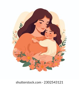 Mother's day. Beautiful woman holds a baby in her arms, mom hugs her children. Set of flat vector icon illustration design banner or templates