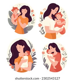 Mother's day. Beautiful woman holds a baby in her arms, mom hugs her children. Set of flat vector icon illustration design banner or templates