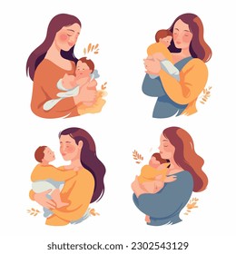 Mother's day. Beautiful woman holds a baby in her arms, mom hugs her children. Set of flat vector icon illustration design banner or templates