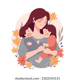 Mother's day. Beautiful woman holds a baby in her arms, mom hugs her children. Set of flat vector icon illustration design banner or templates