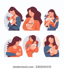 Mother's day. Beautiful woman holds a baby in her arms, mom hugs her children. Set of flat vector icon illustration design banner or templates