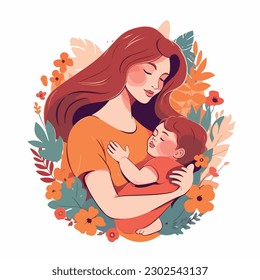 Mother's day. Beautiful woman holds a baby in her arms, mom hugs her children. Set of flat vector icon illustration design banner or templates