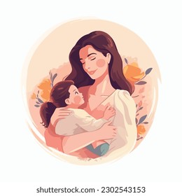 Mother's day. Beautiful woman holds a baby in her arms, mom hugs her children. Set of flat vector icon illustration design banner or templates
