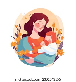 Mother's day. Beautiful woman holds a baby in her arms, mom hugs her children. Set of flat vector icon illustration design banner or templates