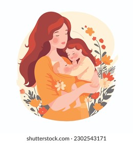 Mother's day. Beautiful woman holds a baby in her arms, mom hugs her children. Set of flat vector icon illustration design banner or templates