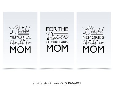 Mother's Day black and white cards concept in the flat cartoon design. Three perfect Mother's Day gift cards with black calligraphic text on gray background. Vector illustration.