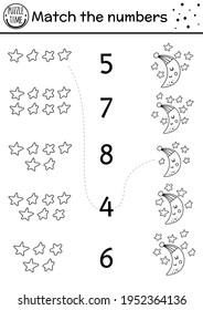 Mothers day black and white matching game with crescent moon and stars. Holiday math good night activity for preschool children. Line printable counting worksheet for kids. How many stars?


