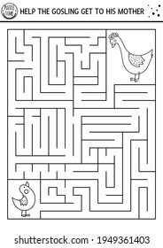 Mothers day black and white maze for children. Holiday preschool printable activity. Funny family love line game or coloring page with cute birds. Mother and baby labyrinth. Help goose get to mom

