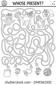 Mothers day black and white maze for children. Holiday preschool printable activity. Funny family love line game or puzzle with cute animals and gifts. Mother and baby labyrinth or coloring page


