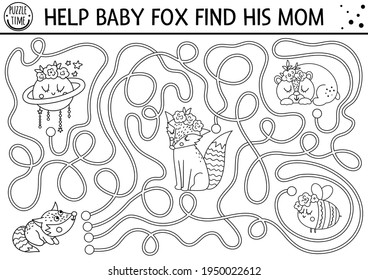 Mothers day black and white maze for children. Holiday preschool printable activity. Funny family love game with cute animals. Mother and baby labyrinth or coloring page with little fox and mom
