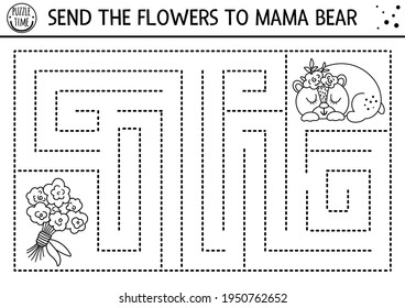 Mothers day black and white maze for children. Holiday preschool printable activity. Funny family love line game or coloring page with cute mama bear. Mother and baby or Valentine labyrinth