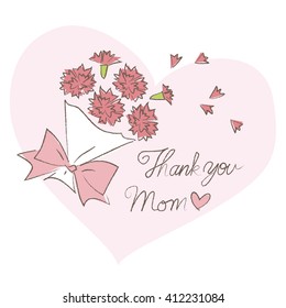 Mother's day, bouquet of carnations and Thank you message