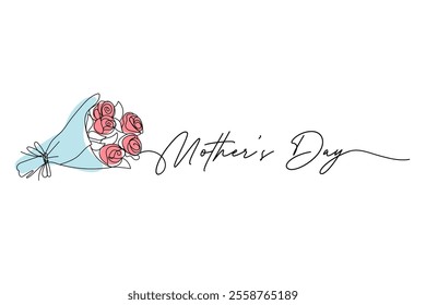 Mother's day, bouquet of roses, colorized. One solid line and text. for greeting card design