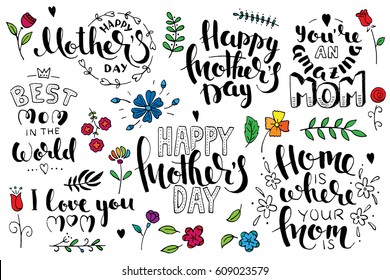 Mother's day brush pen handwritten lettering set. Modern vector hand drawn calligraphy isolated on white background with abstract flowers for your poster, postcard or greeting card design