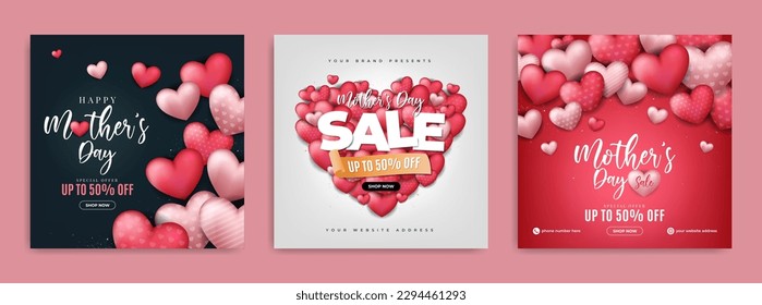 Mother's day business marketing social media banner post template with 3d love balloon. Women’s day sale promotion flyer or web poster. Greeting card decoration for mother and woman day celebration.