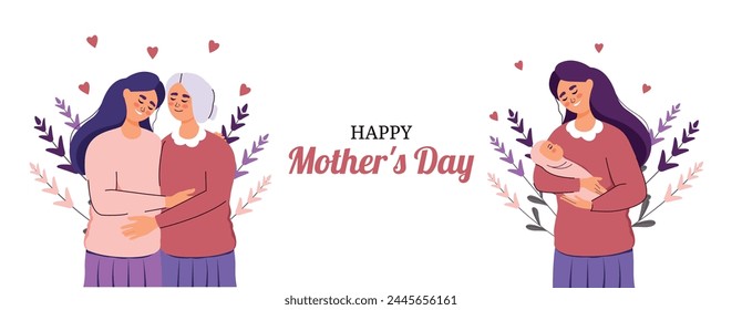 Mother's Day card. 12 May. Vector. Set of characters. Elderly woman, girl, girl, child, baby. Hug and care. Support from family members. Generation in trendy flat style. Flowers and plants. Embrace