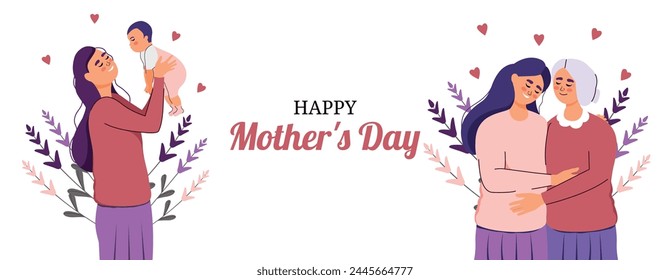 Mother's Day card. 12 May. Vector. Set of characters. An elderly woman, a girl, a child. Hug and care. Support from family members. Generation in trendy flat style. Flower and plants. Embrace. Holiday