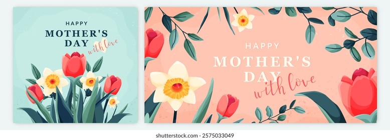 Mothers day card banner background, vector illustration. Cute tulip and daffodil flowers, leaves, textures, greeting text for floral spring summer design, mom day pattern. With love.