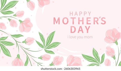 Mother's Day card, banner, poster, label, template or cover with flowers frame in pastel colors. Spring summer floral design. Vector illustration