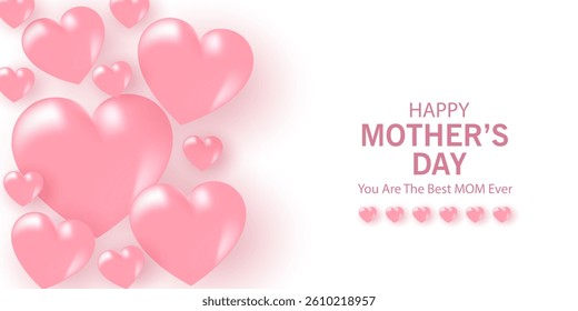 Mother's Day card, banner, poster, flyer, label or cover with pink hearts, loves, can be used for Valentine's day, holiday templates, Womens Day, birthday, cosmetic products, Easter decor, web, ads.