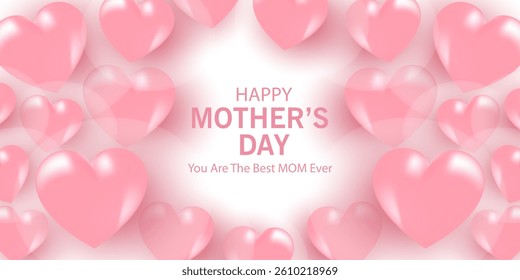 Mother's Day card, banner, poster, flyer, label or cover with pink hearts, loves, can be used for Valentine's day, holiday templates, Womens Day, birthday, cosmetic products, Easter decor, web, ads.