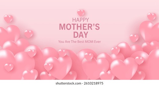 Mother's Day card, banner, poster, flyer, label or cover with pink hearts, loves, can be used for Valentine's day, holiday templates, Womens Day, birthday, cosmetic products, Easter decor, web, ads.