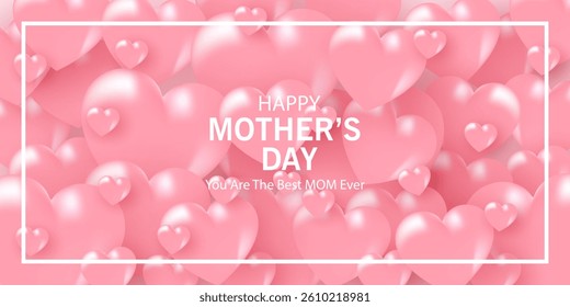 Mother's Day card, banner, poster, flyer, label or cover with pink hearts, loves, can be used for Valentine's day, holiday templates, Womens Day, birthday, cosmetic products, Easter decor, web, ads.