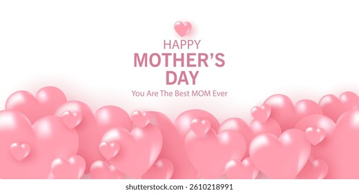 Mother's Day card, banner, poster, flyer, label or cover with pink hearts, loves, can be used for Valentine's day, holiday templates, Womens Day, birthday, cosmetic products, Easter decor, web, ads.