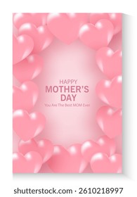 Mother's Day card, banner, poster, flyer, label or cover with pink hearts, loves, can be used for Valentine's day, holiday templates, Womens Day, birthday, cosmetic products, Easter decor, web, ads.