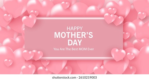 Mother's Day card, banner, poster, flyer, label or cover with pink hearts, loves, can be used for Valentine's day, holiday templates, Womens Day, birthday, cosmetic products, Easter decor, web, ads.
