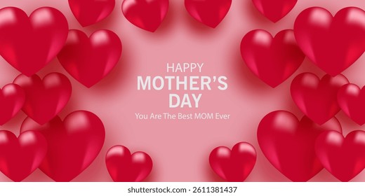 Mother's Day card, banner, poster, flyer, label or cover with red hearts, loves, can be used for Valentine's day, holiday templates, Womens Day, birthday, cosmetic products, Easter decor, web, ads.