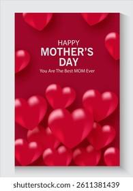 Mother's Day card, banner, poster, flyer, label or cover with red hearts, loves, can be used for Valentine's day, holiday templates, Womens Day, birthday, cosmetic products, Easter decor, web, ads.