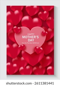 Mother's Day card, banner, poster, flyer, label or cover with red hearts, loves, can be used for Valentine's day, holiday templates, Womens Day, birthday, cosmetic products, Easter decor, web, ads.