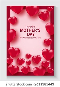 Mother's Day card, banner, poster, flyer, label or cover with red hearts, loves, can be used for Valentine's day, holiday templates, Womens Day, birthday, cosmetic products, Easter decor, web, ads.
