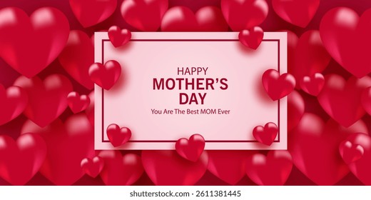 Mother's Day card, banner, poster, flyer, label or cover with red hearts, loves, can be used for Valentine's day, holiday templates, Womens Day, birthday, cosmetic products, Easter decor, web, ads.