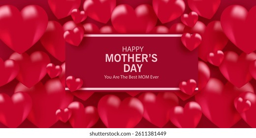 Mother's Day card, banner, poster, flyer, label or cover with red hearts, loves, can be used for Valentine's day, holiday templates, Womens Day, birthday, cosmetic products, Easter decor, web, ads.